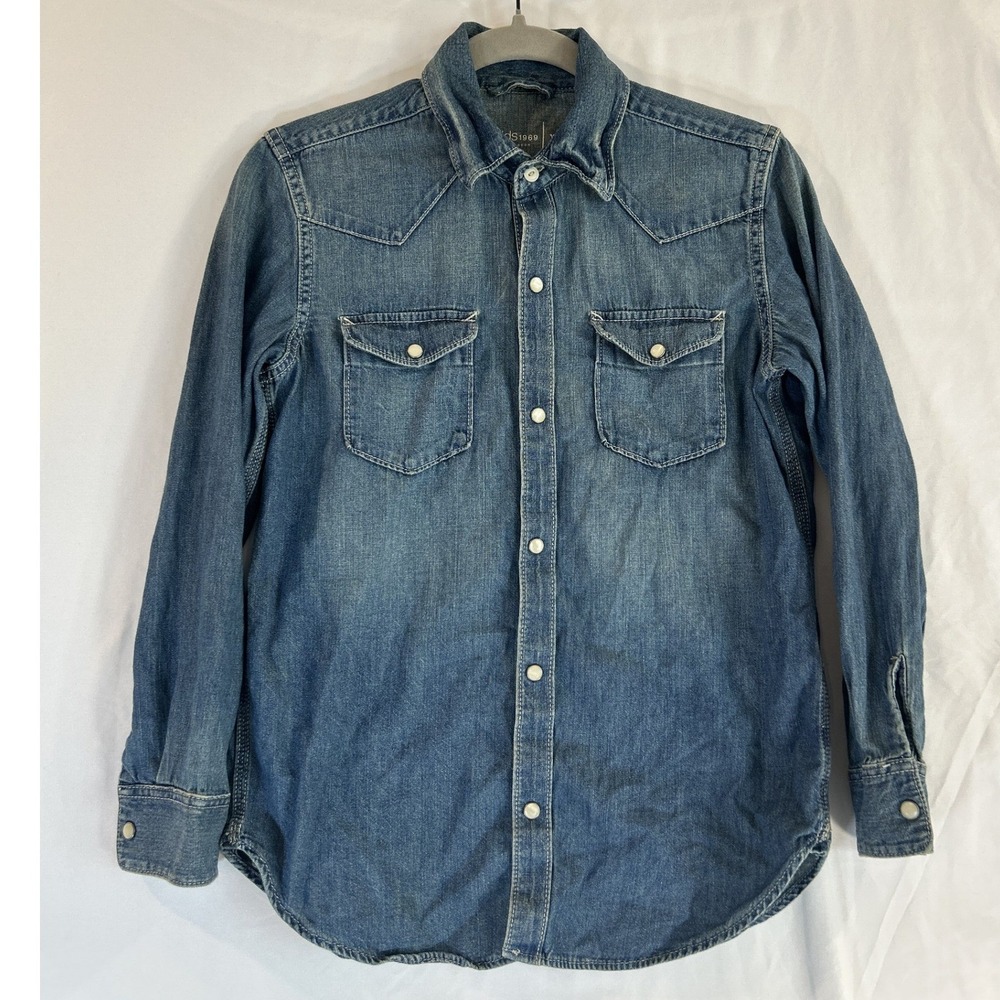 Gap Kids 1969 Western Denim Shirt Blue Medium Wash Pearl Button XL 12-13 Cowboy